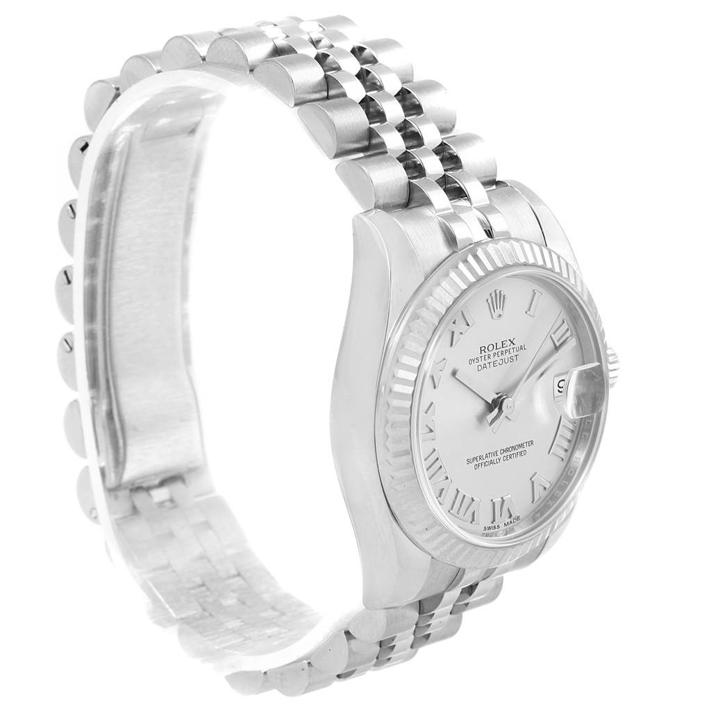 This image shows a side-angle view of a Rolex Datejust Mid-Size watch, displaying its face, bezel, and bracelet.