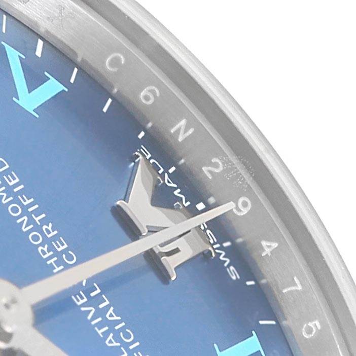 This image shows a close-up of the dial and hour, minute, and second hands of a Rolex Mid-Size 177200 Women's Stainless Steel Blue Dial 177200 Women's Stainless Steel Blue Dial watch.