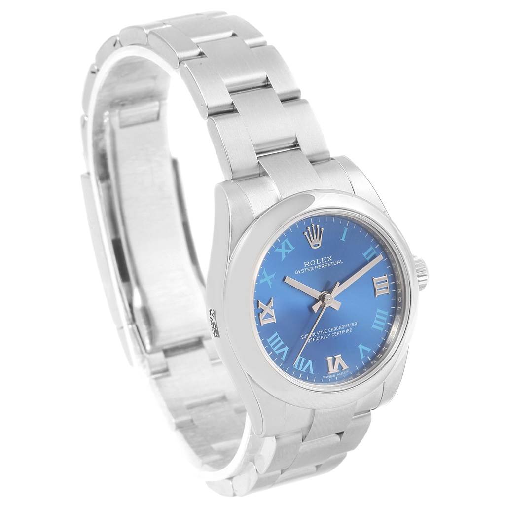 The Rolex Mid-Size 177200 Women's Stainless Steel Blue Dial 177200 Women's Stainless Steel Blue Dial watch is shown from an angled view, displaying its blue dial, case, and metal bracelet.