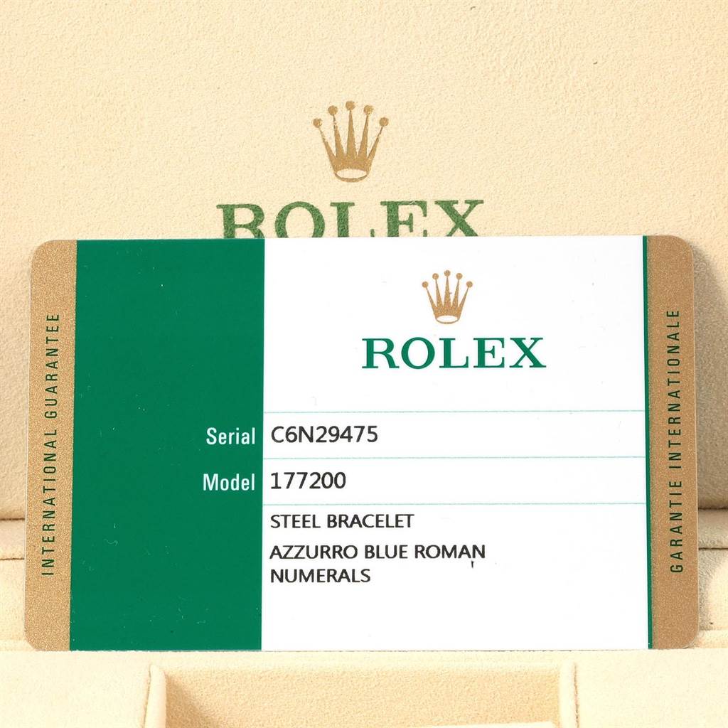 The image shows a Rolex international guarantee card with model 177200, steel bracelet, and Azzurro blue Roman numerals.