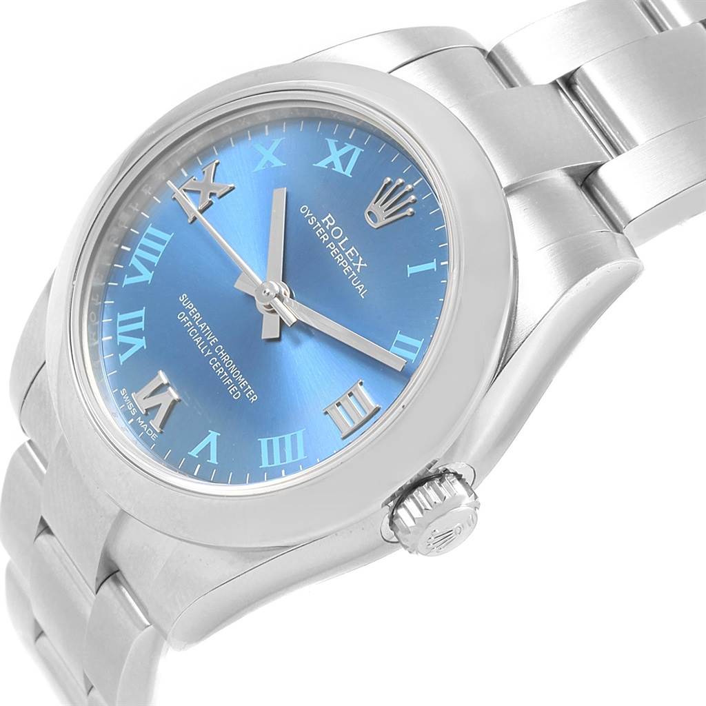 The image shows a Rolex Mid-Size 177200 Women's Stainless Steel Blue Dial 177200 Women's Stainless Steel Blue Dial model watch at a slight diagonal angle, highlighting its face, bracelet, and crown.