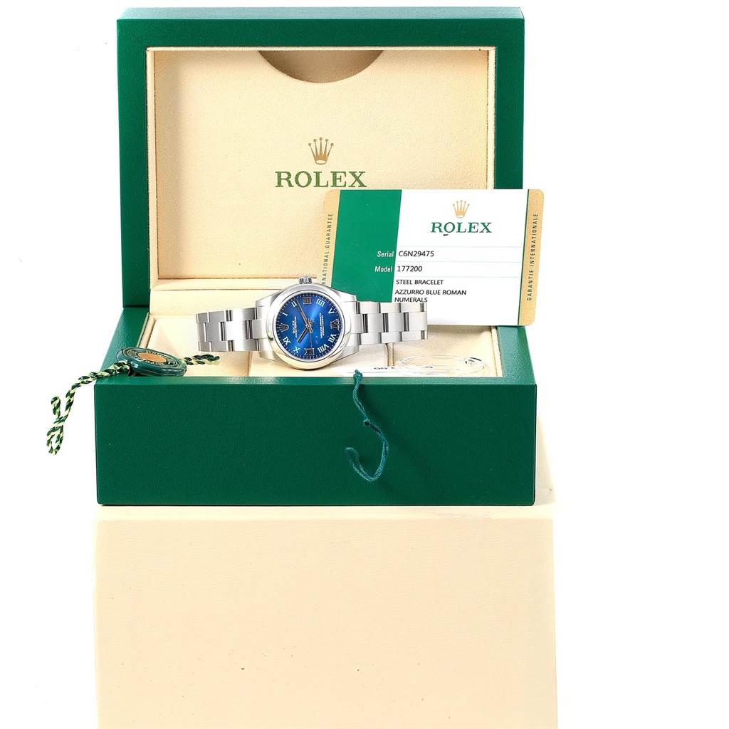 The Rolex Mid-Size 177200 Women's Stainless Steel Blue Dial 177200 Women's Stainless Steel Blue Dial watch is shown front-facing in its box with a steel bracelet and a blue dial.