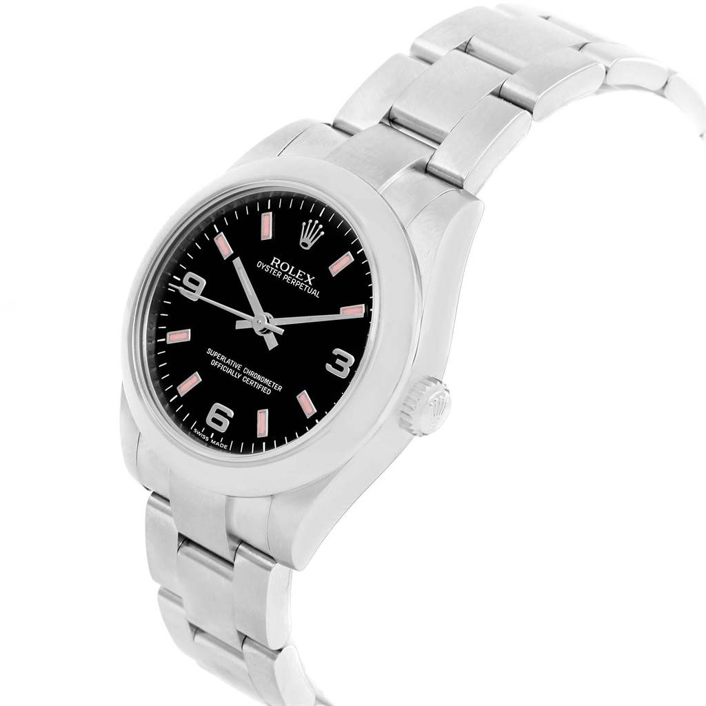 The image shows a side-angled view of the Rolex Mid-Size 177200 Women's Stainless Steel Black Dial 177200 Women's Stainless Steel Black Dial Oyster Perpetual watch, highlighting the dial, bezel, and bracelet.