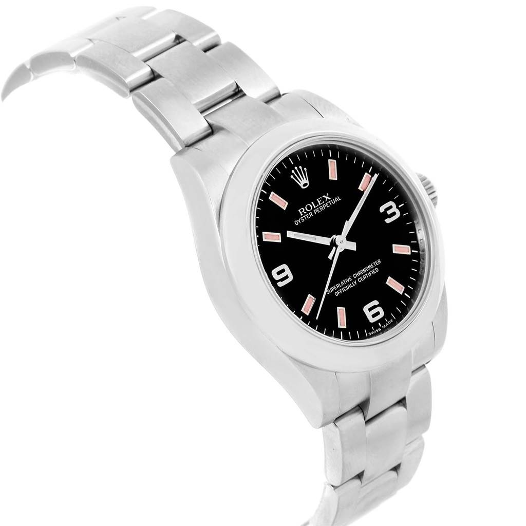 The Rolex Mid-Size 177200 Women's Stainless Steel Black Dial 177200 Women's Stainless Steel Black Dial watch is shown from a three-quarter angle, displaying the face, crown, and metal bracelet.