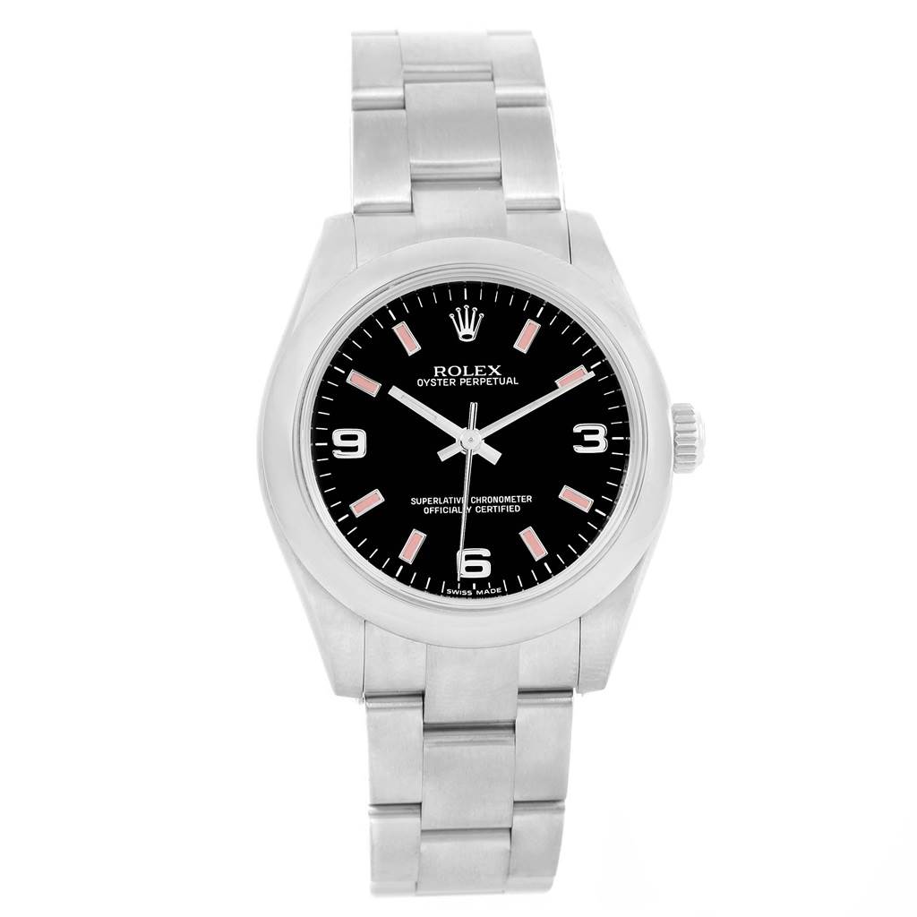 This image shows a front view of the Rolex Oyster Perpetual Mid-Size watch, highlighting its face, bezel, and bracelet.