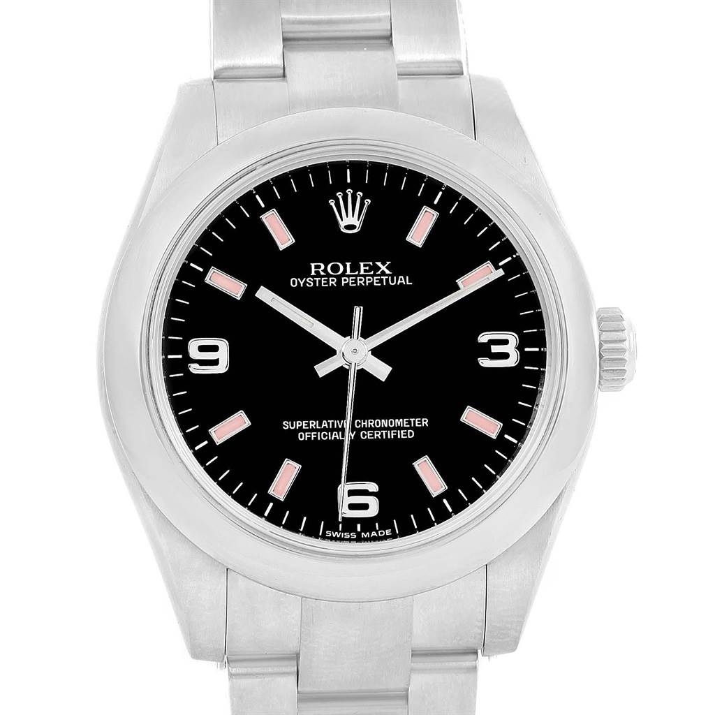 This image displays the front view of a Rolex Oyster Perpetual Mid-Size watch, showing the dial, bezel, and bracelet.