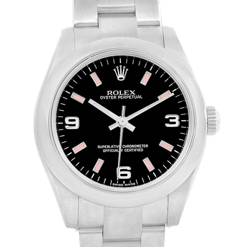 Rolex Midsize Black Dial Pink Hour Markers Ladies Watch 177200 SwissWatchExpo