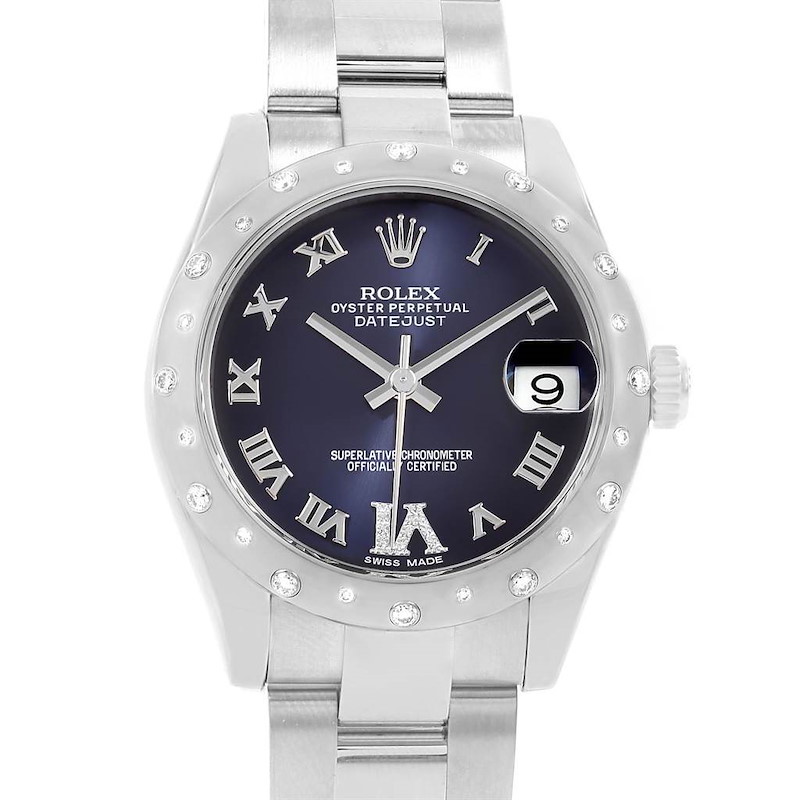 Rolex Datejust 31 Midsize Purple Dial Steel Diamond Watch 178344 SwissWatchExpo