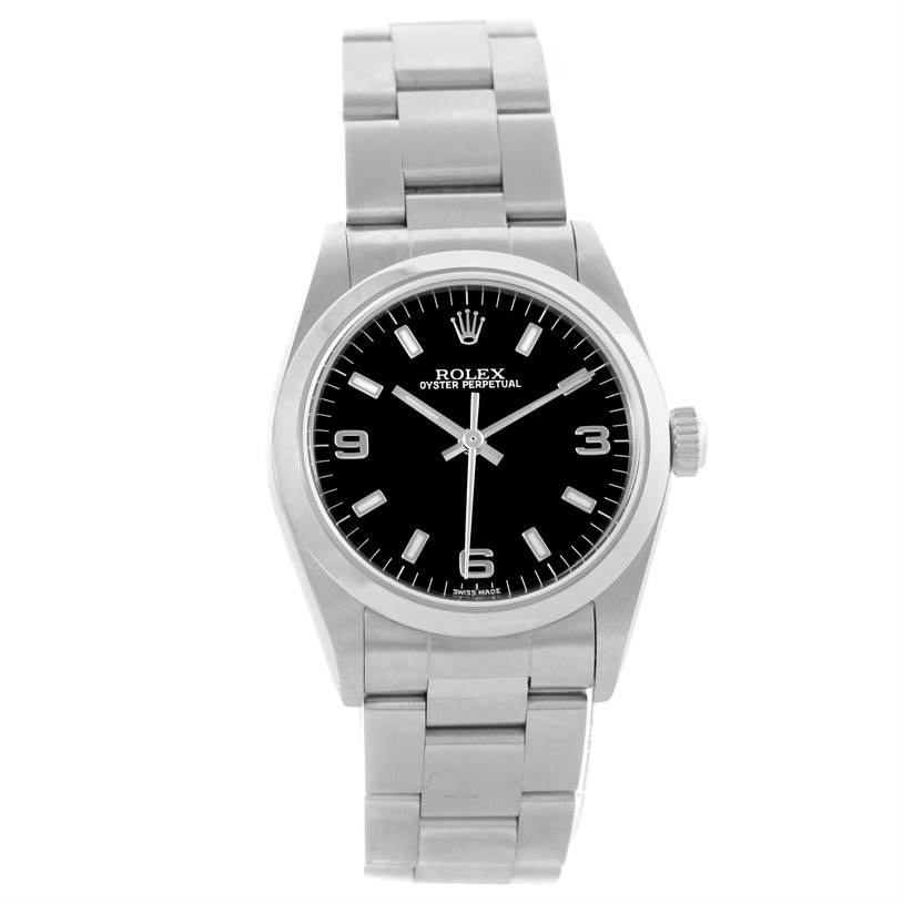 This image shows a front view of the Rolex Mid-Size 77080 Women's Stainless Steel Black Dial 77080 Women's Stainless Steel Black Dial Oyster Perpetual, showcasing its black dial, silver hands, markers, and metal bracelet.