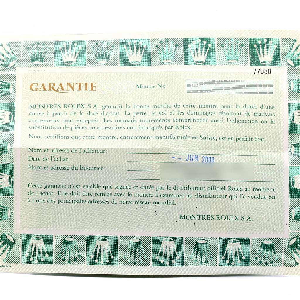 This is a warranty card for a Rolex Mid-Size 77080 Women's Stainless Steel Black Dial 77080 Women's Stainless Steel Black Dial model, showing the purchase date and dealer information.