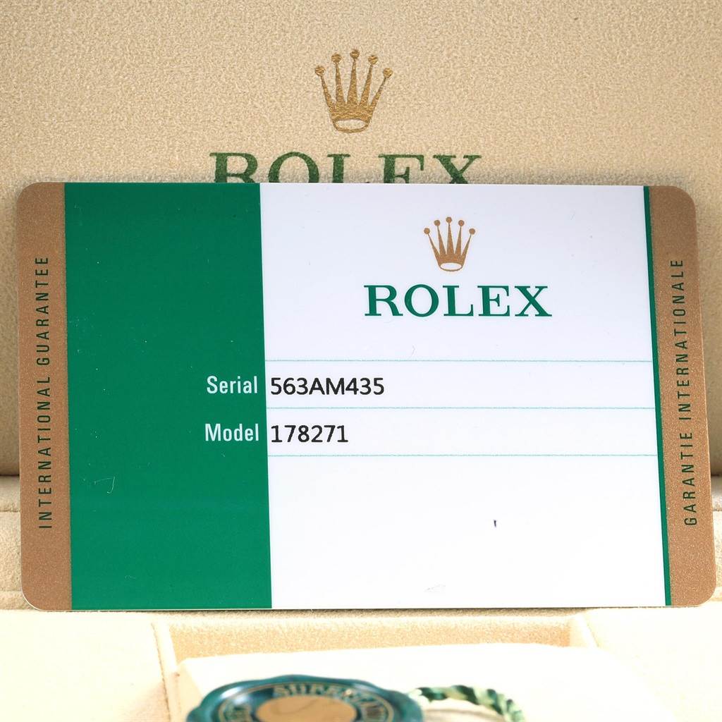 The image shows the guarantee card for the Rolex Mid-Size 178271 Women's Steel and Gold (two tone) Pink Dial 178271 Women's Steel and Gold (two tone) Pink Dial model 178271, with a portion of the box and seal visible.