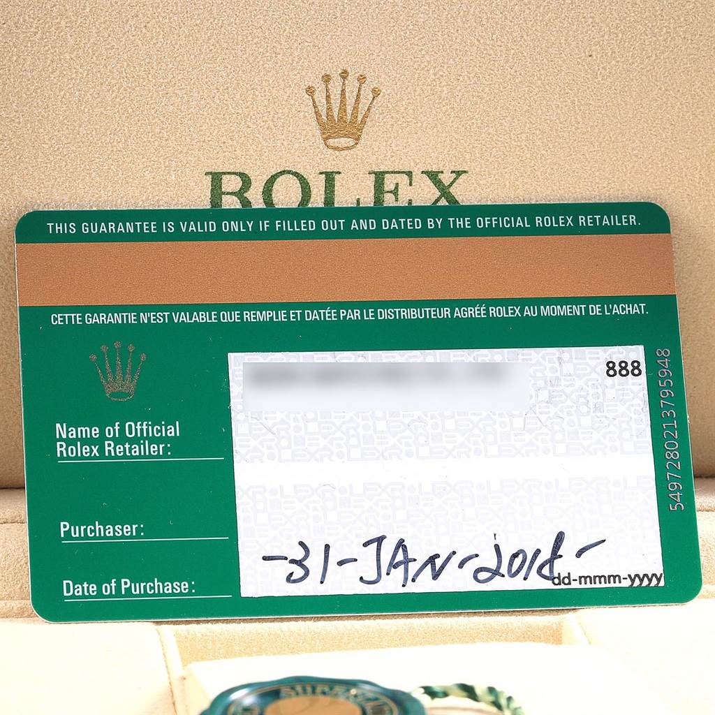 The image shows a guarantee card for a Rolex Mid-Size 178271 Women's Steel and Gold (two tone) Pink Dial 178271 Women's Steel and Gold (two tone) Pink Dial model, with the brand's logo and a date of purchase shown.