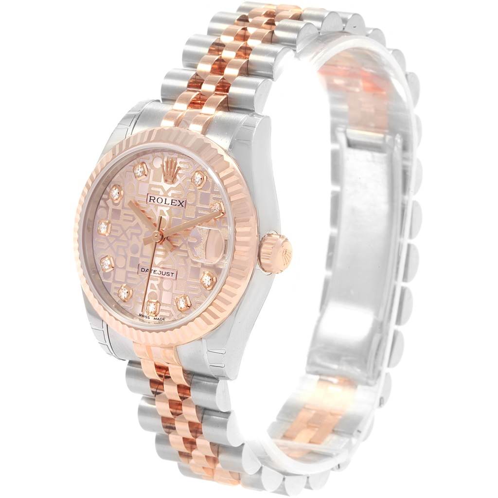 The Rolex Mid-Size 178271 Women's Steel and Gold (two tone) Pink Dial 178271 Women's Steel and Gold (two tone) Pink Dial Datejust watch is shown at an angle highlighting its face, crown, and two-tone metal bracelet.