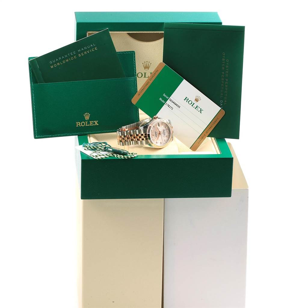 The Rolex Mid-Size 178271 Women's Steel and Gold (two tone) Pink Dial 178271 Women's Steel and Gold (two tone) Pink Dial model watch is displayed in its box with a guarantee manual, warranty card, and tag accessories.