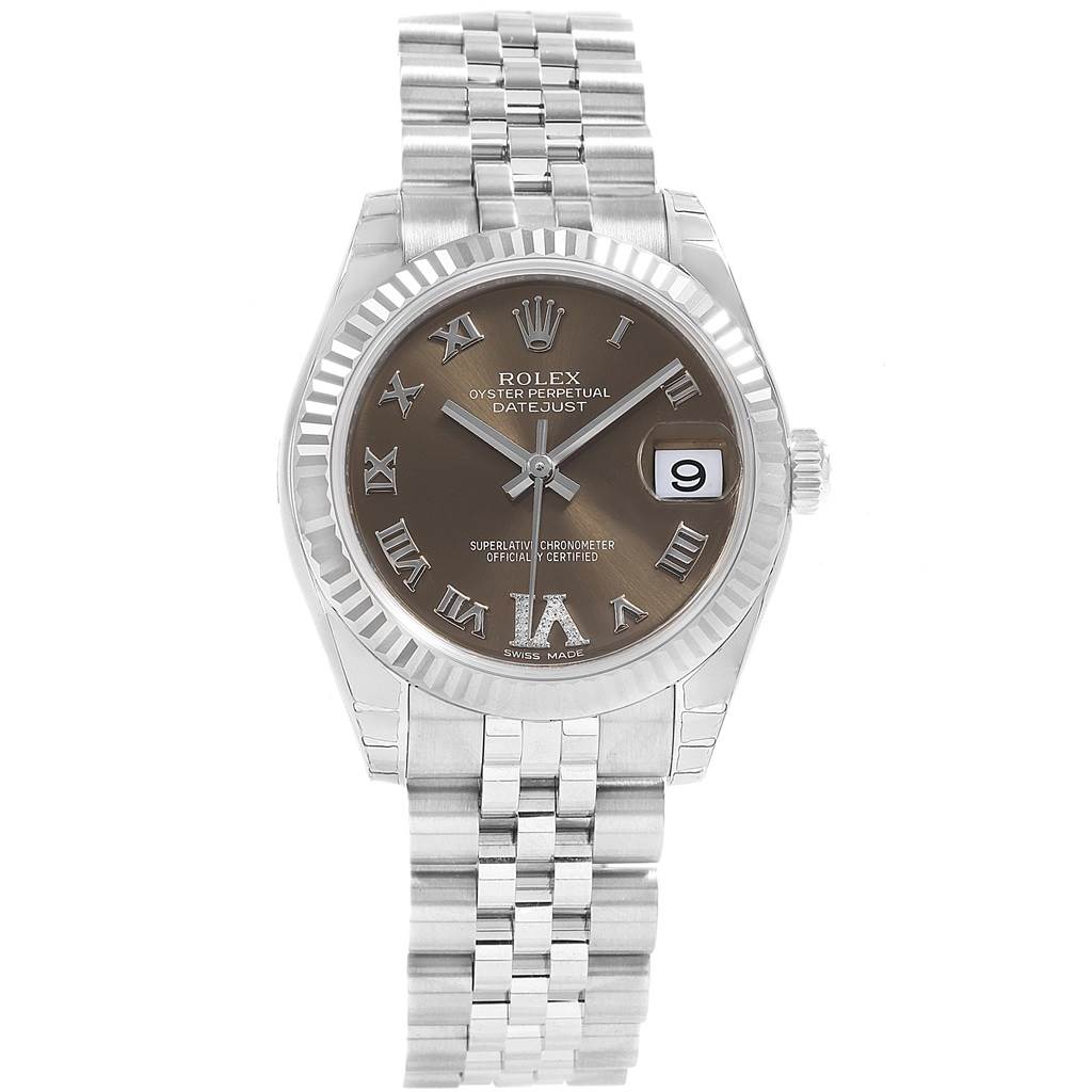 This Rolex Mid-Size 178274 Women's Stainless Steel Brown Dial 178274 Women's Stainless Steel Brown Dial Oyster Perpetual Datejust watch is shown from a front angle displaying the dial, bezel, and bracelet.