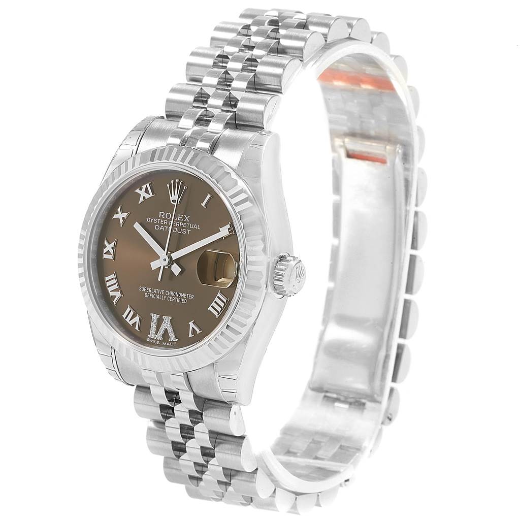 The Rolex Mid-Size 178274 Women's Stainless Steel Brown Dial 178274 Women's Stainless Steel Brown Dial Datejust watch is shown at a slight angle, featuring the bezel, dial, bracelet, and crown.
