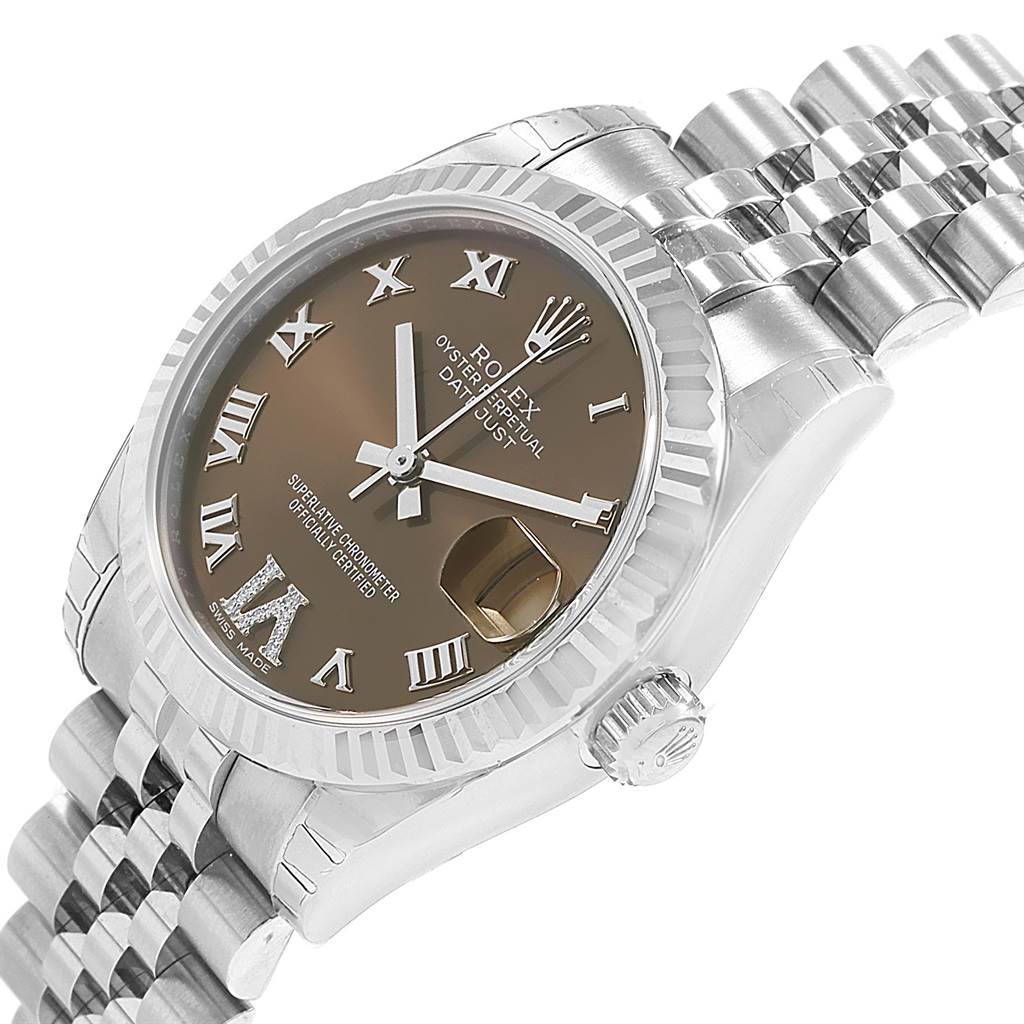 This image shows a Rolex Mid-Size 178274 Women's Stainless Steel Brown Dial 178274 Women's Stainless Steel Brown Dial Datejust watch at an oblique angle, highlighting the dial, bezel, crown, and bracelet.