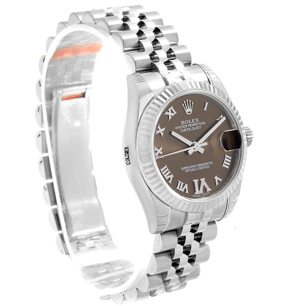 This image shows a Rolex Mid-Size 178274 Women's Stainless Steel Brown Dial 178274 Women's Stainless Steel Brown Dial Datejust watch, featuring its face, bezel, crown, and Jubilee bracelet from a slight upper-side angle.