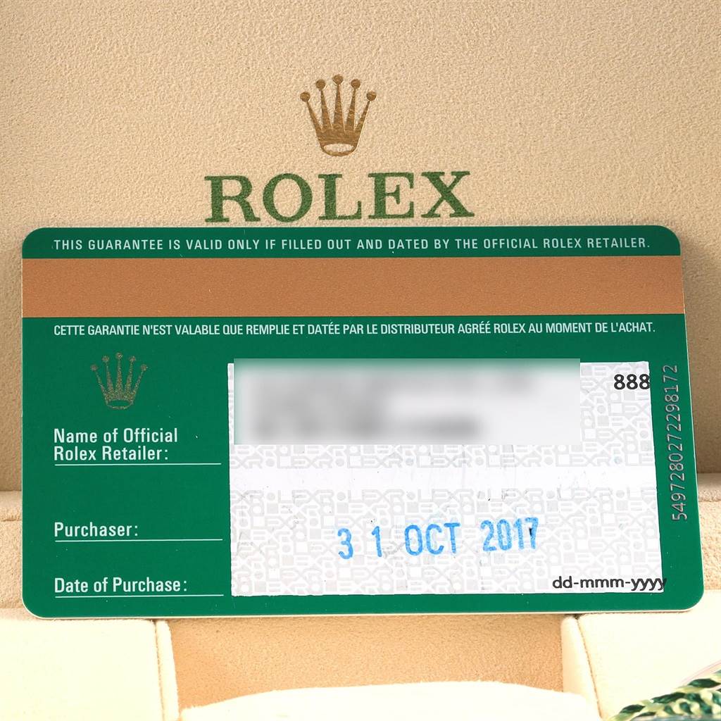 The image shows the official guarantee card for a Rolex Mid-Size 178274 Women's Stainless Steel Brown Dial 178274 Women's Stainless Steel Brown Dial model, featuring the brand logo and purchase date.