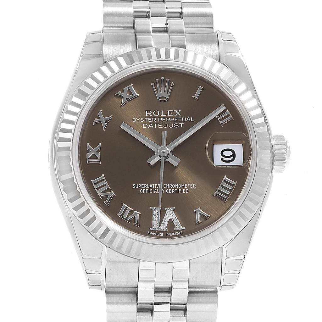 The Rolex Mid-Size 178274 Women's Stainless Steel Brown Dial 178274 Women's Stainless Steel Brown Dial Datejust is shown from a front angle, displaying the face, bezel, bracelet, crown, and a date window.