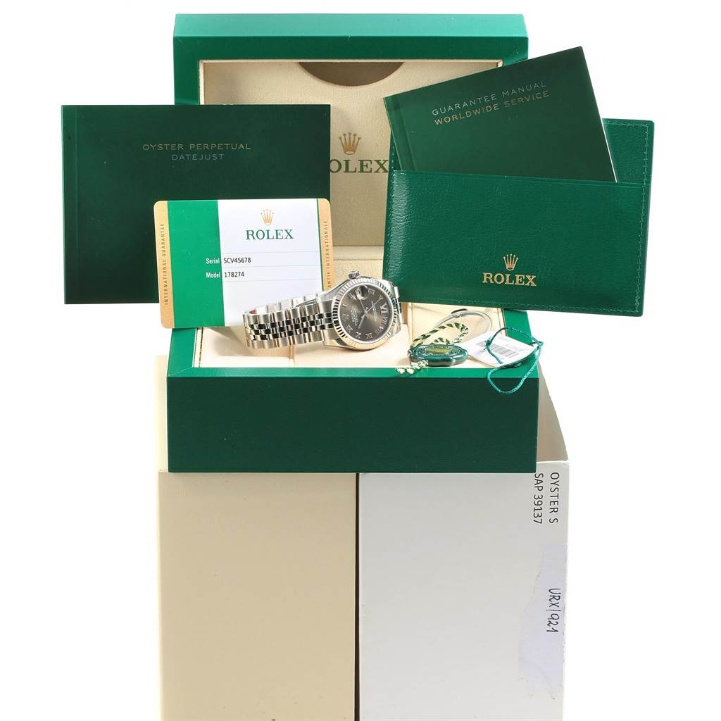 The image shows a Rolex Mid-Size 178274 Women's Stainless Steel Brown Dial 178274 Women's Stainless Steel Brown Dial model watch with its box, manual, warranty card, and other accessories.