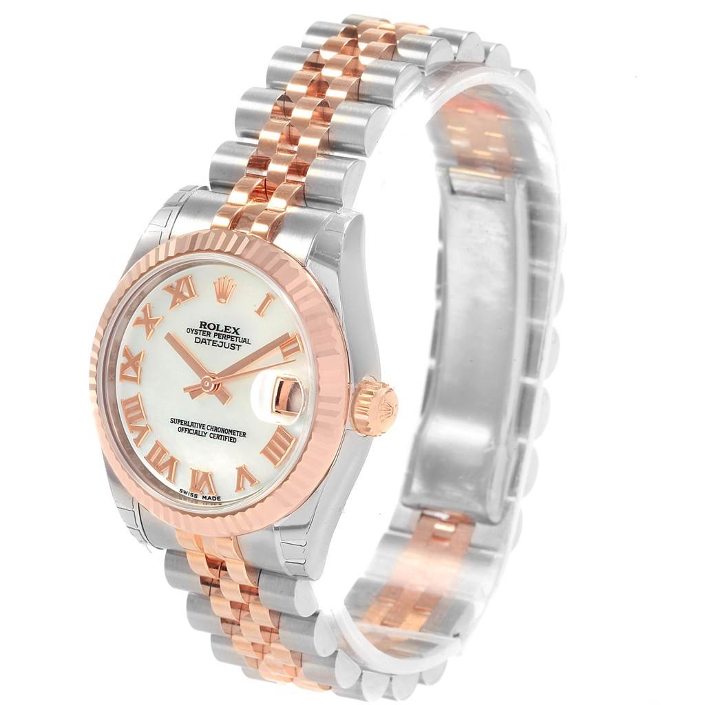The Rolex Mid-Size 178271 Women's Steel and Gold (two tone) Mother of Pearl Dial 178271 Women's Steel and Gold (two tone) Mother of Pearl Dial model watch is shown at an oblique angle, displaying the face, bezel, and bracelet.