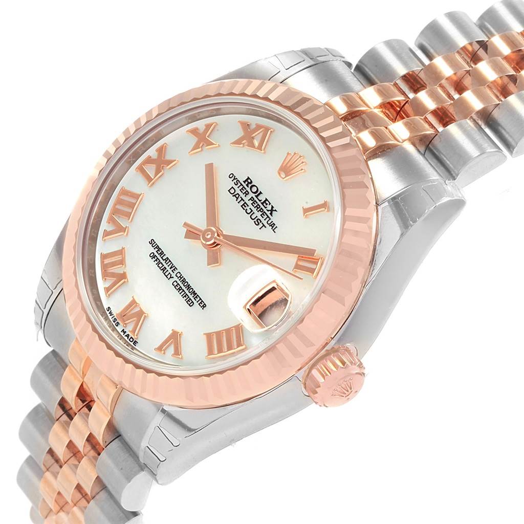The image shows a close-up, angled view of a Rolex Mid-Size 178271 Women's Steel and Gold (two tone) Mother of Pearl Dial 178271 Women's Steel and Gold (two tone) Mother of Pearl Dial Datejust watch, highlighting the face, bezel, crown, and part of the bracelet.