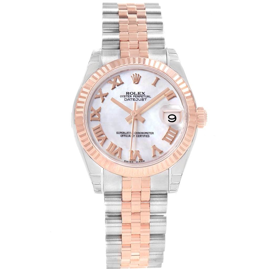 This Rolex Datejust Mid-Size model is shown from a front angle, displaying the face, dial, bezel, and bracelet.