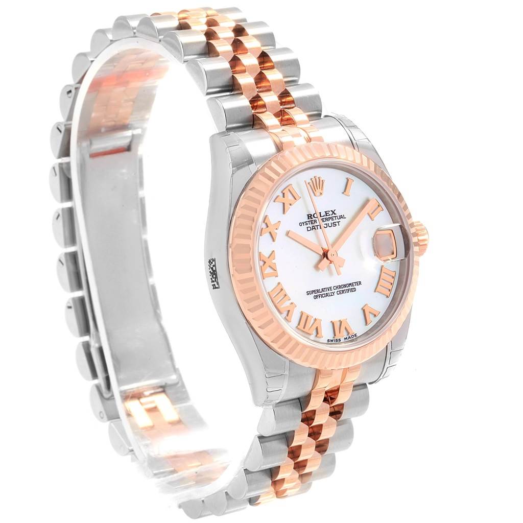 The Rolex Mid-Size 178271 Women's Steel and Gold (two tone) Mother of Pearl Dial 178271 Women's Steel and Gold (two tone) Mother of Pearl Dial Datejust watch is shown at an angle highlighting the face, crown, and bracelet, featuring a silver and rose gold design.