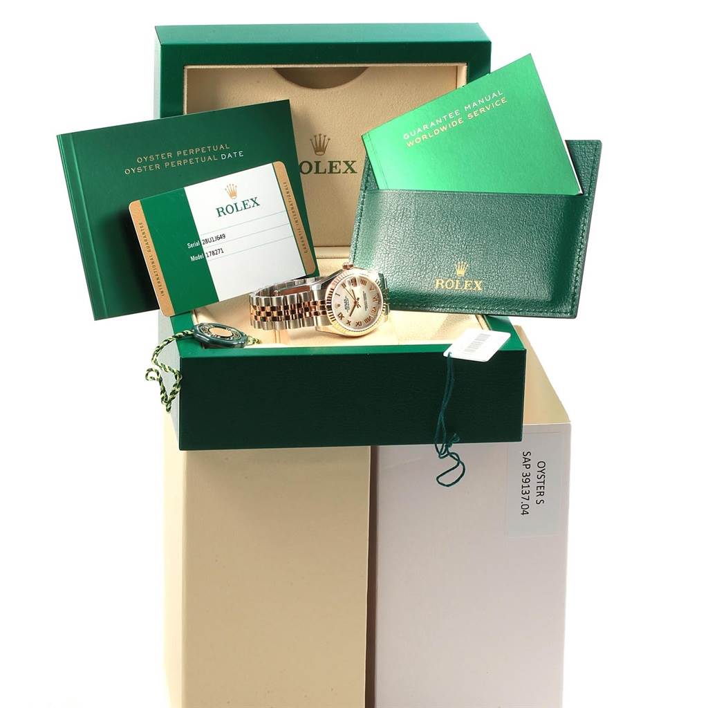 The image shows a front angle of a Rolex Mid-Size 178271 Women's Steel and Gold (two tone) Mother of Pearl Dial 178271 Women's Steel and Gold (two tone) Mother of Pearl Dial model watch with its box, manuals, and accessories.