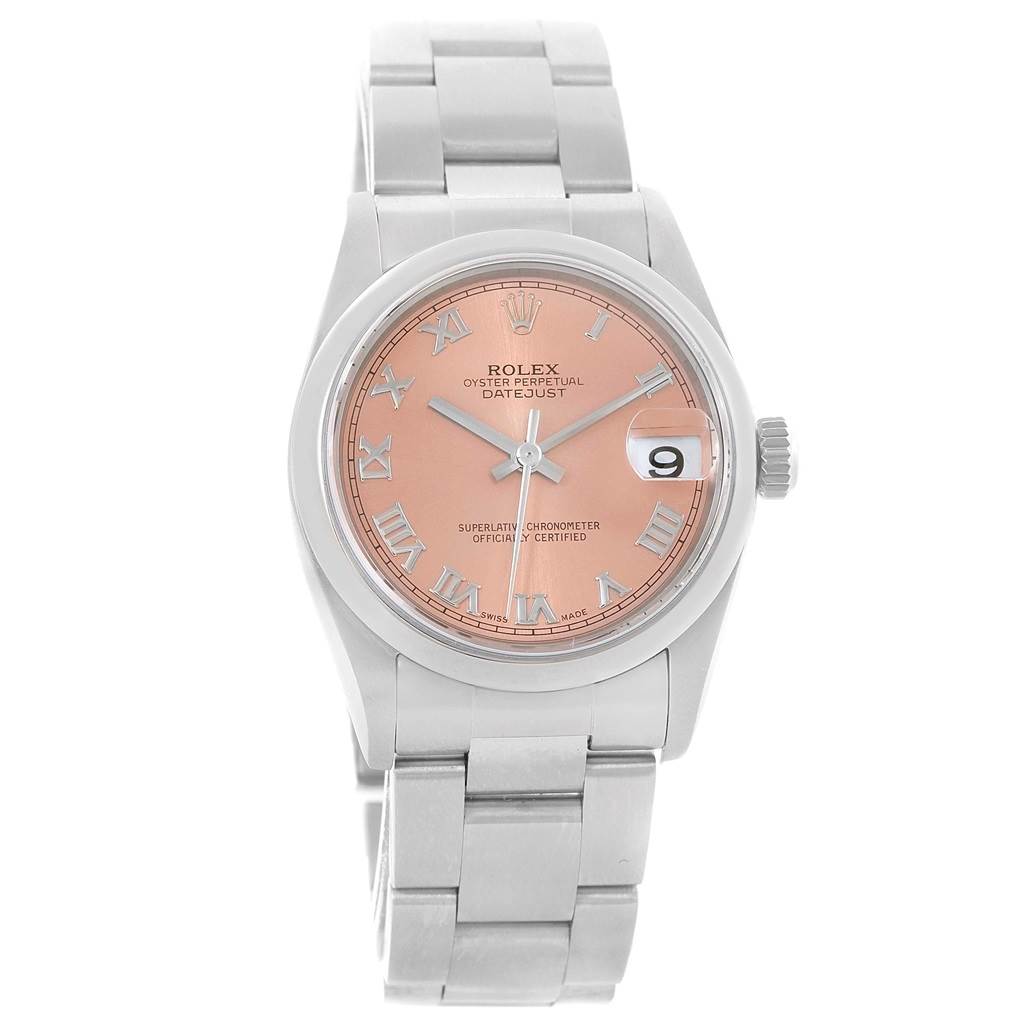 The Rolex 78240 Men's Stainless Steel Pink Dial 78240 Men's Stainless Steel Pink Dial Datejust 31 Midsize 78240 Ladies Watch with a salmon Roman dial is shown from a front angle view.