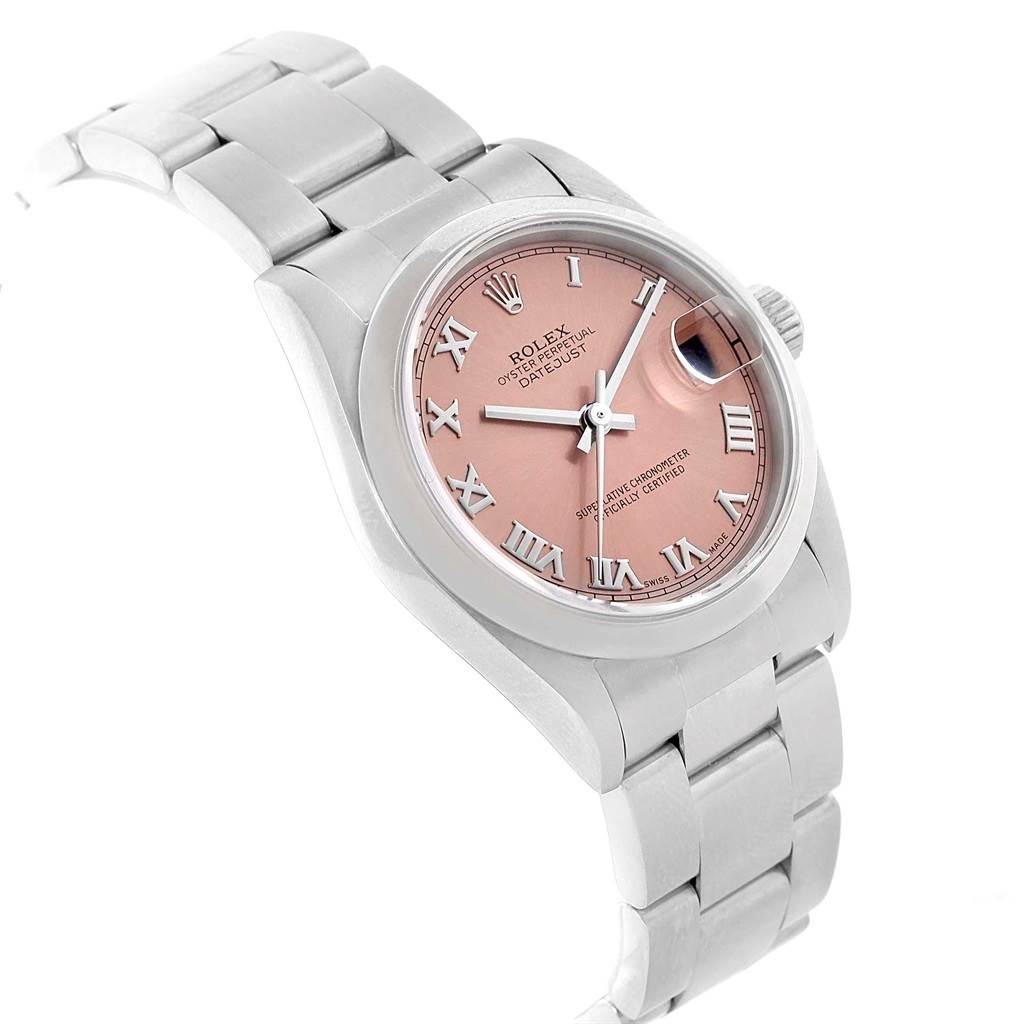 This image shows the Rolex 78240 Men's Stainless Steel Pink Dial 78240 Men's Stainless Steel Pink Dial Datejust 31 Midsize 78240 model with a salmon Roman dial from an angled front view, displaying the face, bezel, and bracelet.
