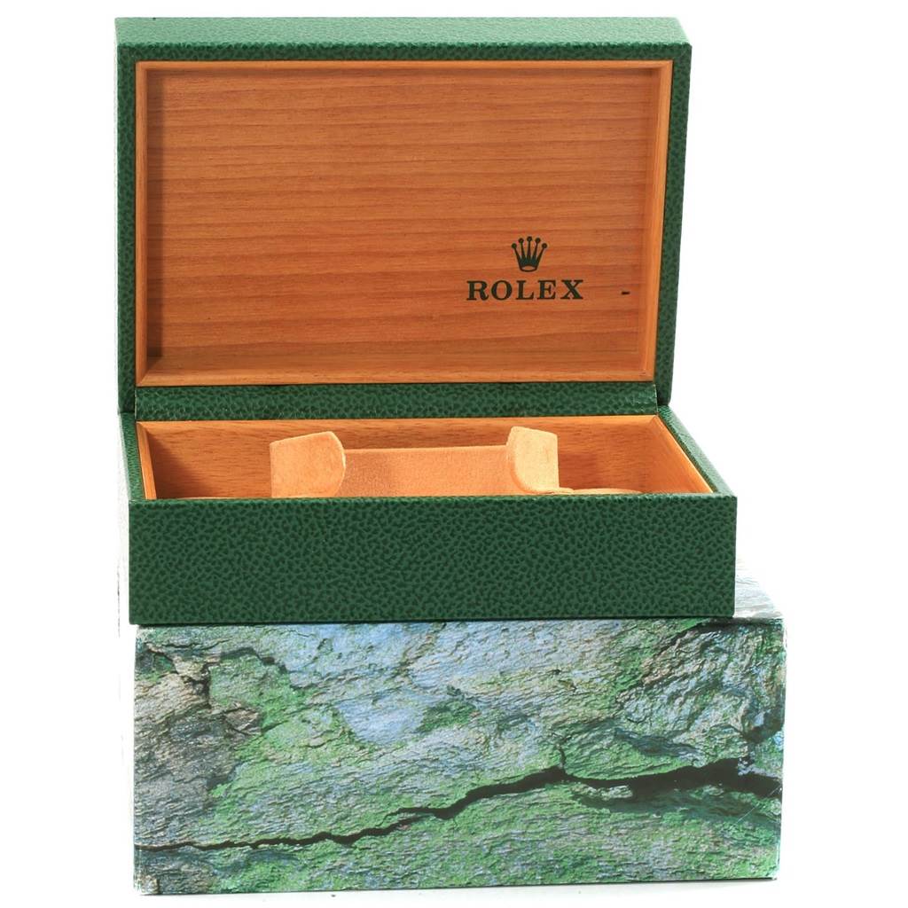 The image shows the open box for the Rolex 78240 Men's Stainless Steel Pink Dial 78240 Men's Stainless Steel Pink Dial Datejust 31 Midsize Salmon Roman Dial Ladies Watch 78240.