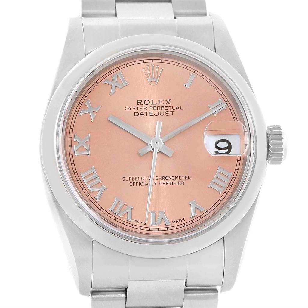 The image shows a front view of the Rolex 78240 Men's Stainless Steel Pink Dial 78240 Men's Stainless Steel Pink Dial Datejust 31 Midsize Salmon Roman Dial Ladies Watch 78240 model, highlighting its dial and bracelet.