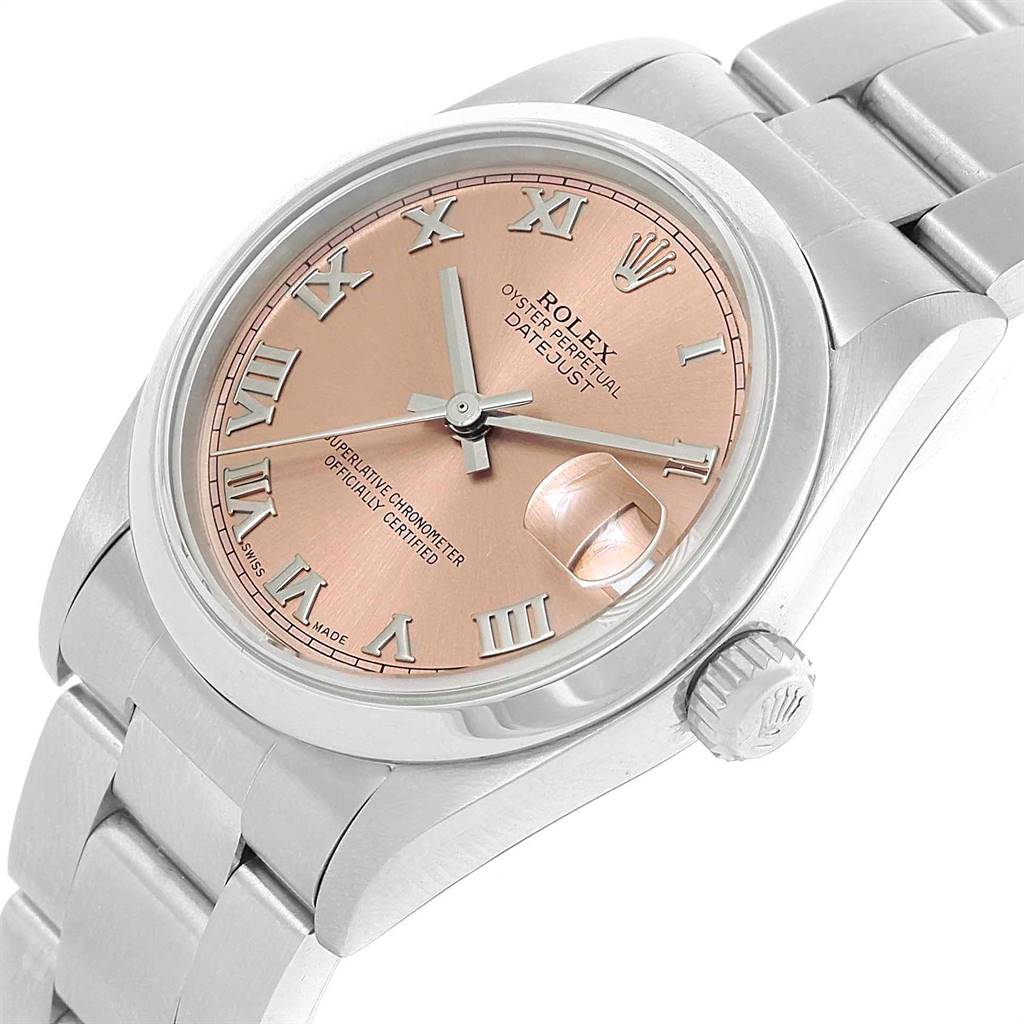 The image shows a Rolex Mid-Size 78240 Women's Stainless Steel Pink Dial 78240 Women's Stainless Steel Pink Dial Datejust watch at an angle displaying the face, bezel, and part of the bracelet.