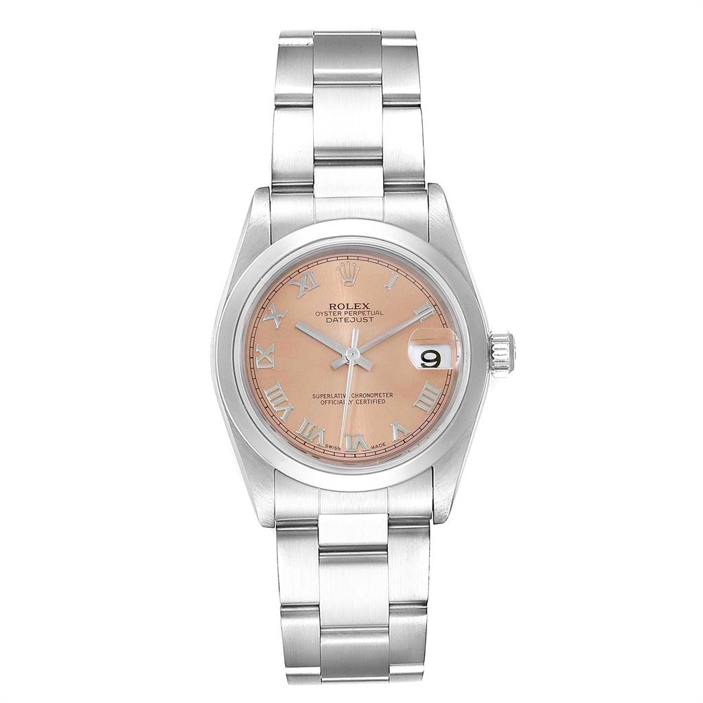 This image shows a front view of a Mid-Size Rolex Datejust watch featuring a pink dial, Roman numerals, and a stainless steel bracelet.