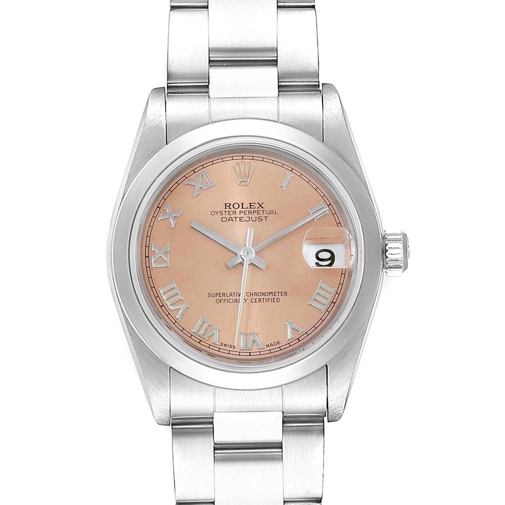 This image shows a front view of the Rolex Mid-Size 78240 Women's Stainless Steel Pink Dial 78240 Women's Stainless Steel Pink Dial Oyster Perpetual Datejust watch, highlighting its face, dial, and bracelet.