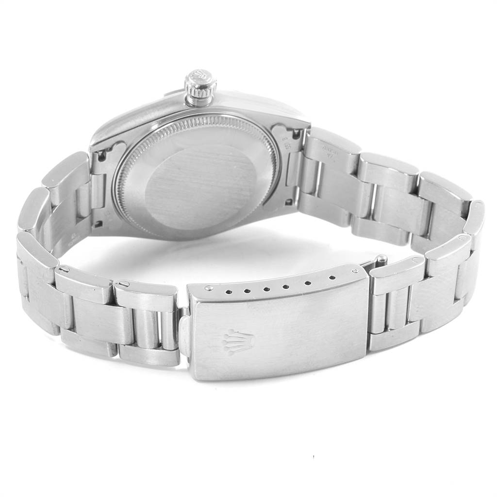 The image shows the back and bracelet clasp of a Rolex Mid-Size 78240 Women's Stainless Steel Pink Dial 78240 Women's Stainless Steel Pink Dial model watch in a partially open position.