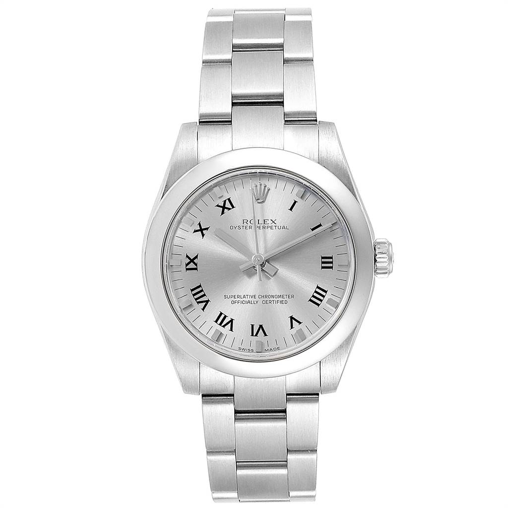 The image shows a front view of the Rolex Oyster Perpetual Mid-Size watch, highlighting its dial, bezel, crown, and bracelet.