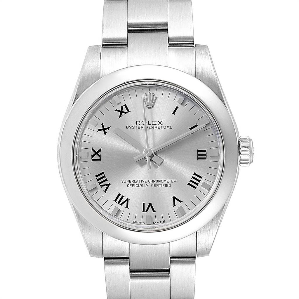The image shows a front view of a Rolex Oyster Perpetual Mid-Size watch, highlighting the dial, bezel, and bracelet.