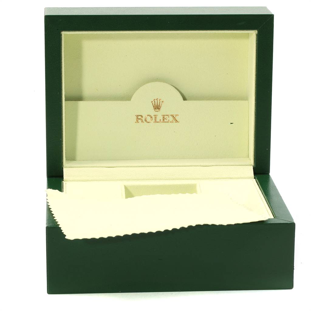 The image shows an open green and cream Rolex watch box for a Mid-Size model, containing a cleaning cloth.