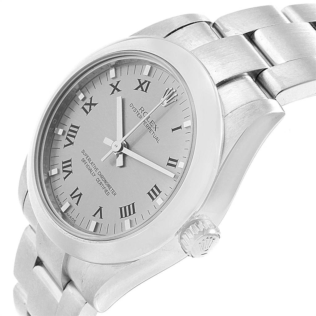 This image shows a side angle of a Rolex Mid-Size 177200 Women's Stainless Steel Grey Dial 177200 Women's Stainless Steel Grey Dial model watch, focusing on the dial, crown, and part of the bracelet.