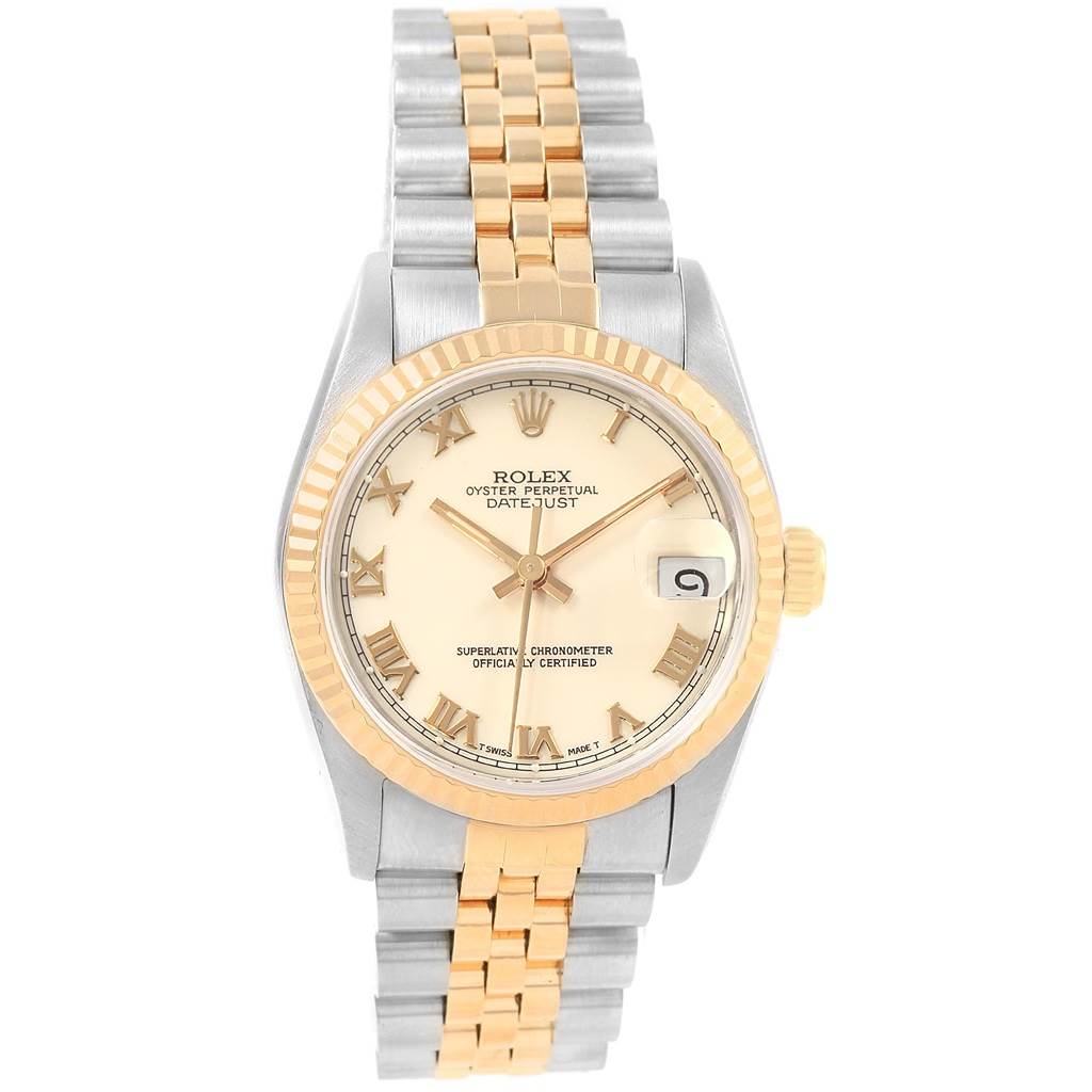 The image shows a frontal view of a Rolex Oyster Perpetual Datejust Mid-Size watch, highlighting the dial, bezel, and bracelet.