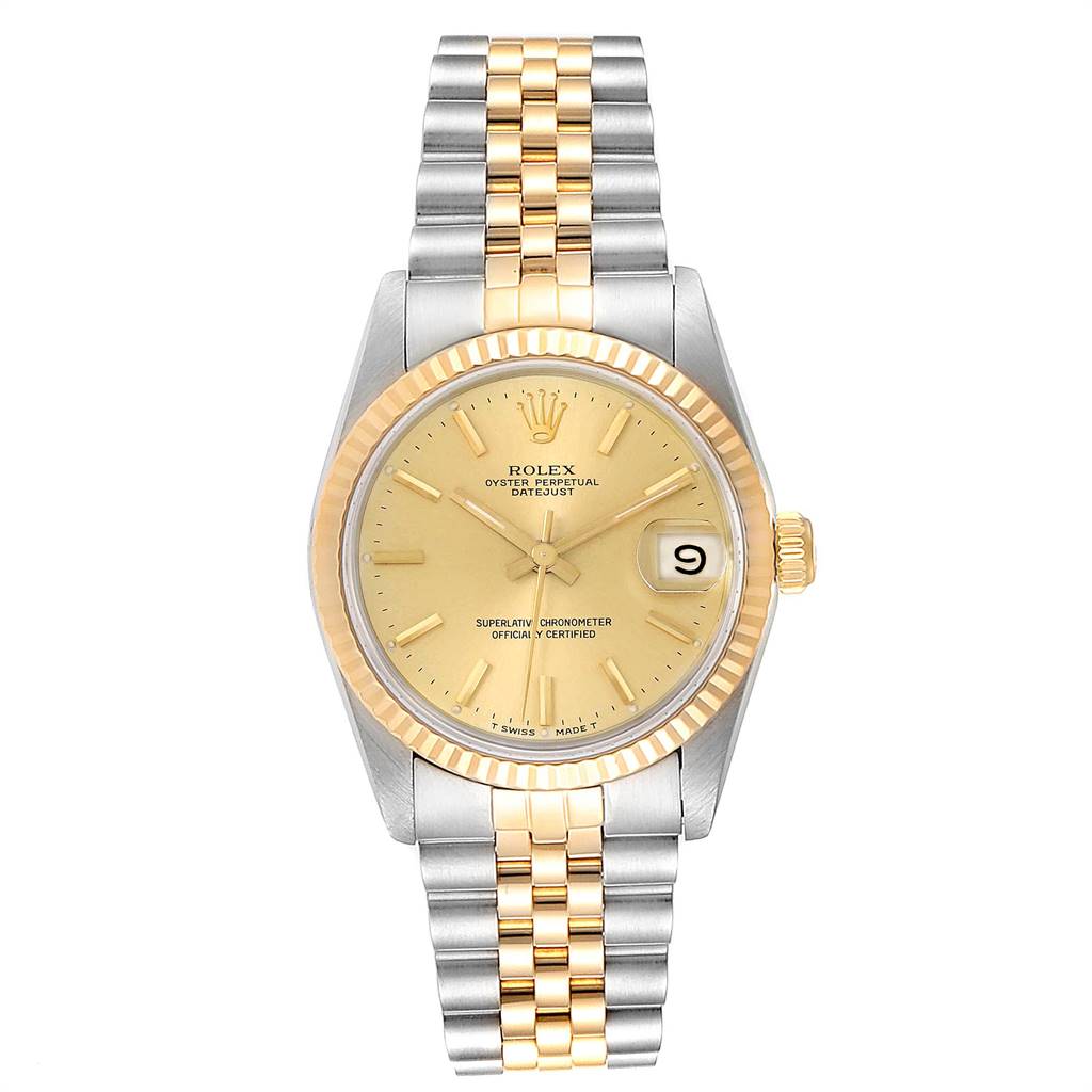 The image shows a front view of the Rolex Mid-Size 68273 Women's Steel and Gold (two tone) Champagne Dial 68273 Women's Steel and Gold (two tone) Champagne Dial Oyster Perpetual Datejust watch with a two-tone bracelet and fluted bezel.