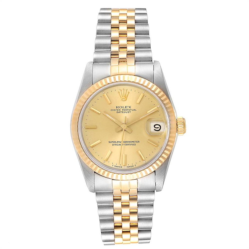 Rolex Datejust Midsize Steel Yellow Gold Baton Dial Ladies Watch 68273 SwissWatchExpo