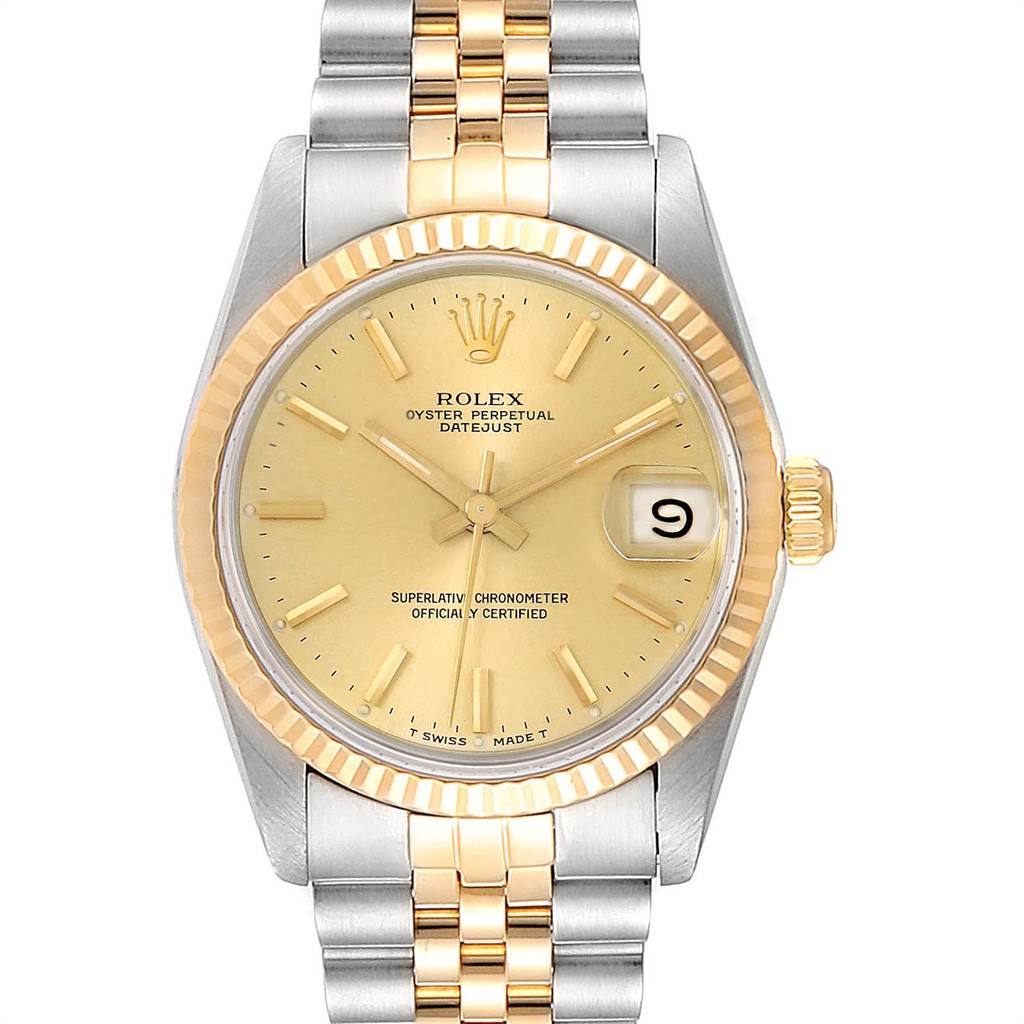 The image shows a front view of a Rolex Oyster Perpetual Datejust Mid-Size watch with a two-tone bracelet and gold dial.