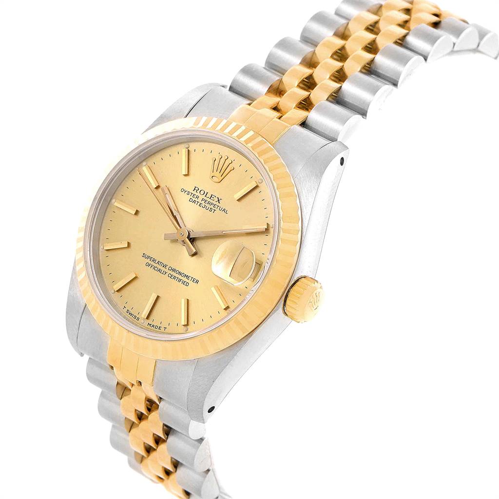 The image shows a Rolex Mid-Size 68273 Women's Steel and Gold (two tone) Champagne Dial 68273 Women's Steel and Gold (two tone) Champagne Dial model watch at a slight angle, highlighting its dial, crown, and part of its two-tone bracelet.