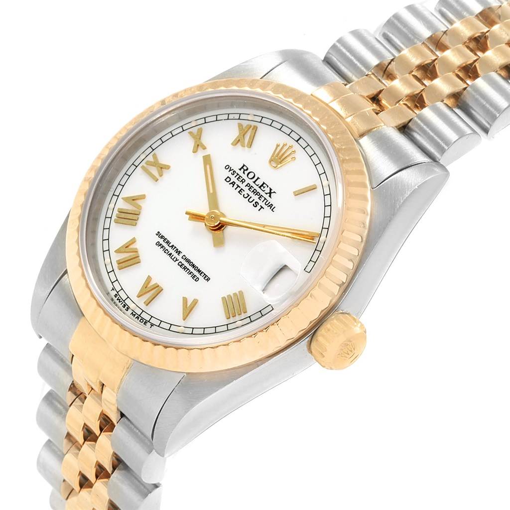 The Rolex Mid-Size 68273 Women's Steel and Gold (two tone) White Dial 68273 Women's Steel and Gold (two tone) White Dial model watch is shown at an angled view, displaying the dial, bezel, crown, and part of the bracelet.