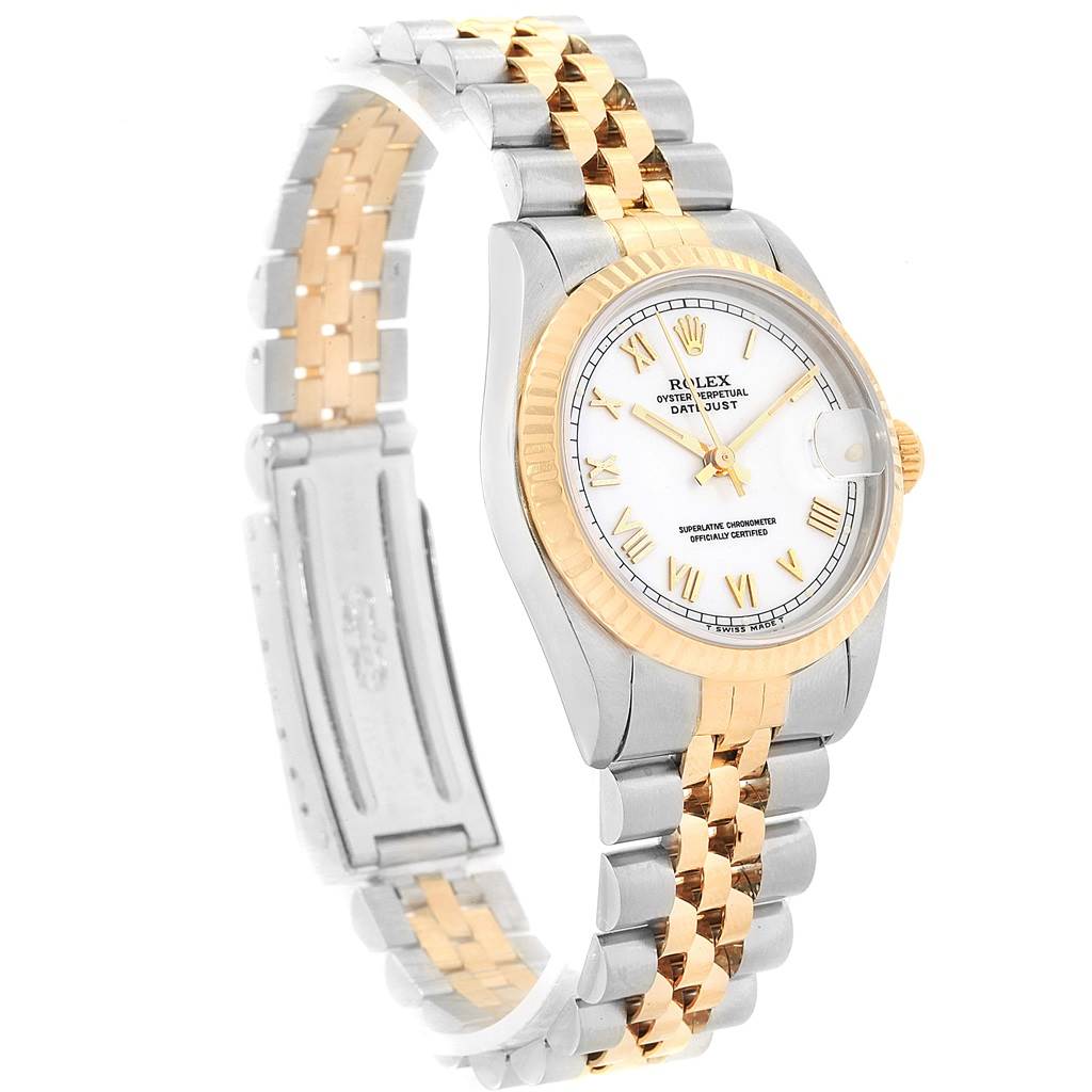 This Rolex Mid-Size 68273 Women's Steel and Gold (two tone) White Dial 68273 Women's Steel and Gold (two tone) White Dial Datejust watch is shown at a slight angled view, highlighting its two-tone bracelet and face.