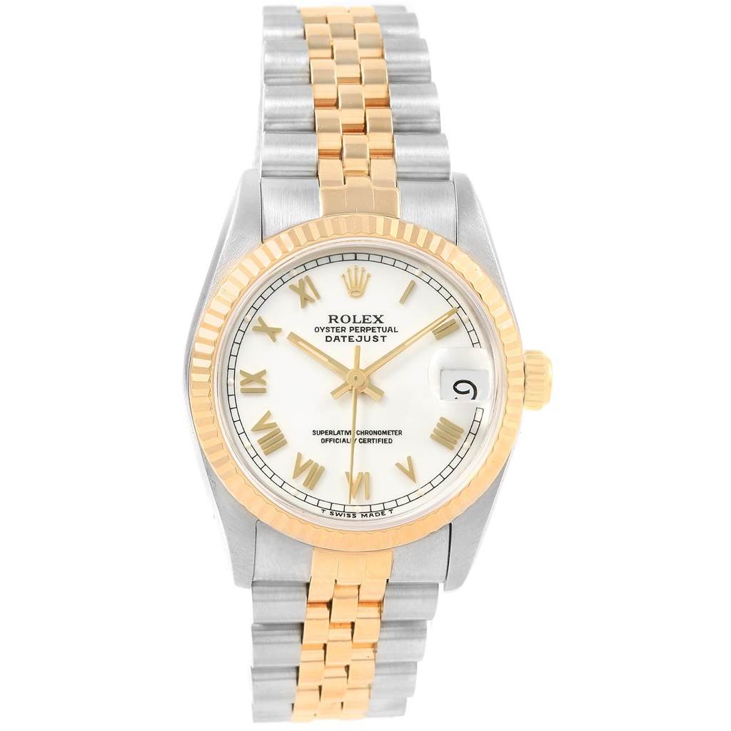 This image shows a frontal view of a Rolex Mid-Size 68273 Women's Steel and Gold (two tone) White Dial 68273 Women's Steel and Gold (two tone) White Dial Oyster Perpetual Datejust watch, displaying its bezel, dial, and bracelet.